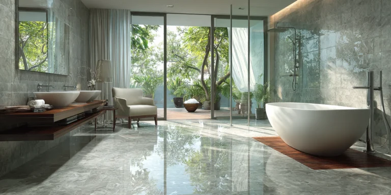 Modern bathroom with polished porcelain tile walls and countertops, featuring dual vessel sinks and warm wood cabinetry for a sleek, contemporary look