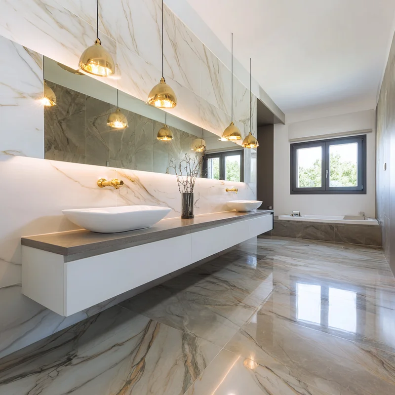 Elegant white marble bathroom with gray veining and gold fixtures