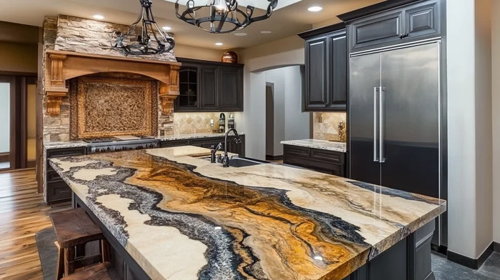 Luxury kitchen with dark cabinetry and a dramatic exotic-granite island featuring black, gold, and cream swirling veining