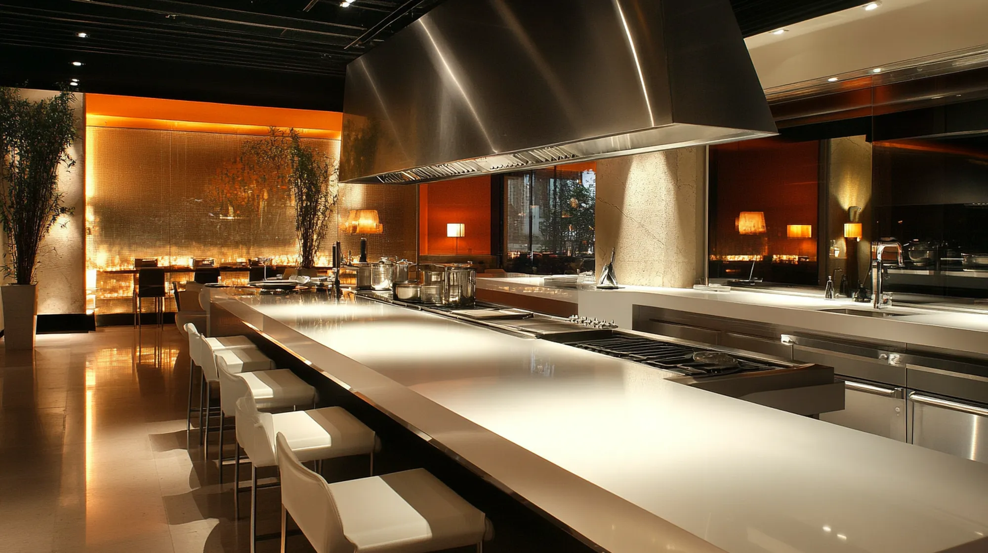 White quartz waterfall countertop in upscale restaurant kitchen with warm ambient lighting
