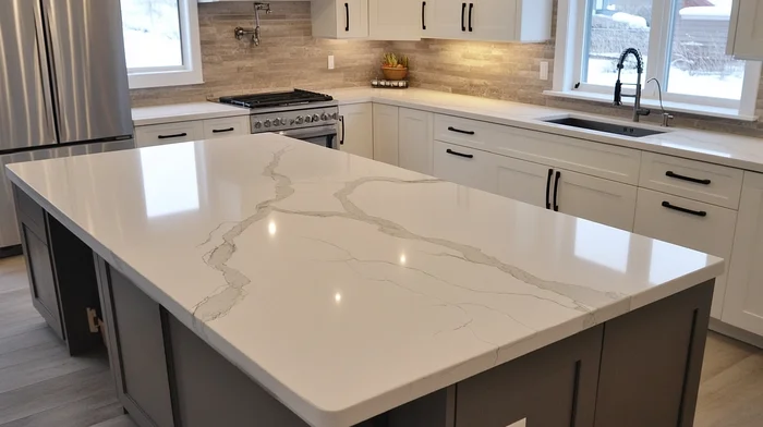 Modern white kitchen showcasing a large island in Calacatta-style quartz with subtle gray veining and waterfall edge